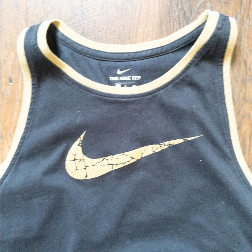 Nike black tank top gold crackle swoosh and trim SZ S - Picture 2 of 5
